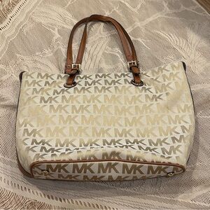 Michael Kors Jet Set Item Grab Bag Jacquard Signature Tote with Tan Leather Trim